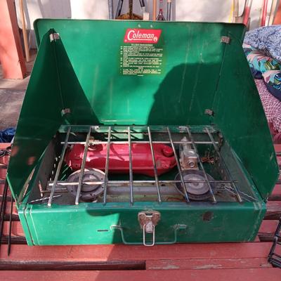 COLEMAN CAMPING STOVE, HOT DOG COOKER AND SKEWERS