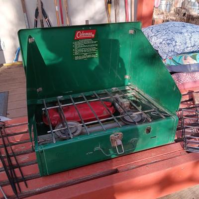 COLEMAN CAMPING STOVE, HOT DOG COOKER AND SKEWERS