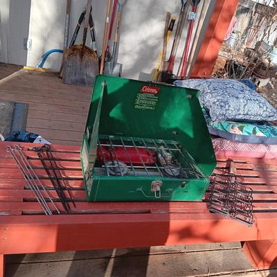 COLEMAN CAMPING STOVE, HOT DOG COOKER AND SKEWERS