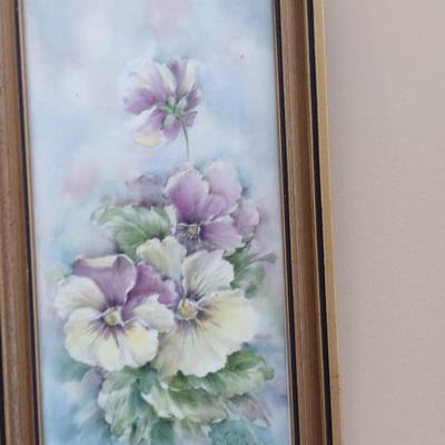 Framed Hand Painted Pansy Design Art- Approx 5 1/2" x 9 3/4"