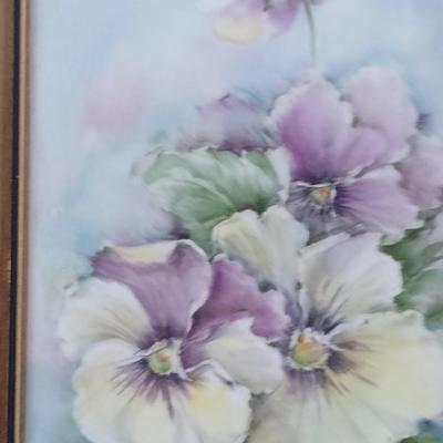 Framed Hand Painted Pansy Design Art- Approx 5 1/2" x 9 3/4"