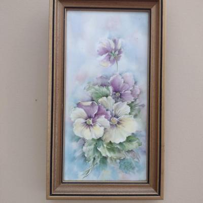 Framed Hand Painted Pansy Design Art- Approx 5 1/2" x 9 3/4"