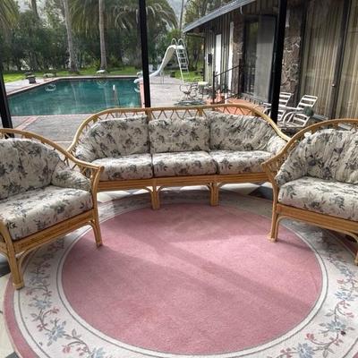 Vintage Bamboo Set of One Sofa and Two Chairs