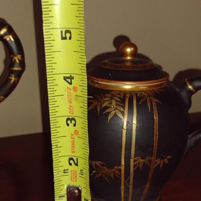 Japanese Satsuma Tea Pot, Creamer and Sugar Bowl with Bamboo Design