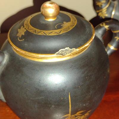 Japanese Satsuma Tea Pot, Creamer and Sugar Bowl with Bamboo Design