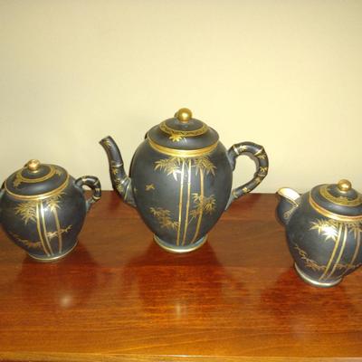 Japanese Satsuma Tea Pot, Creamer and Sugar Bowl with Bamboo Design