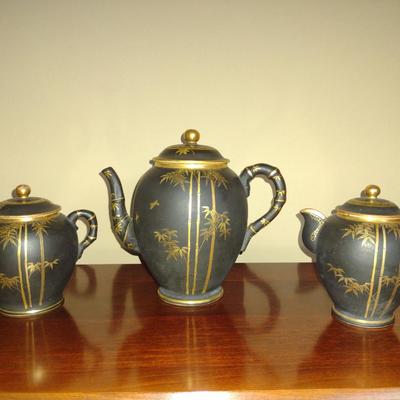 Japanese Satsuma Tea Pot, Creamer and Sugar Bowl with Bamboo Design