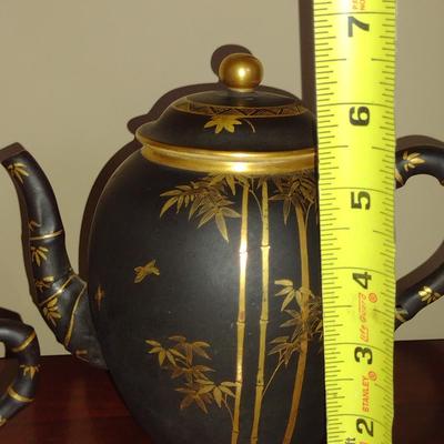 Japanese Satsuma Tea Pot, Creamer and Sugar Bowl with Bamboo Design