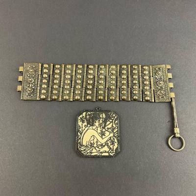 -107- COSTUME JEWELRY | Middle Eastern Style Bracelet & Signed 1971 JANM Square Pendant