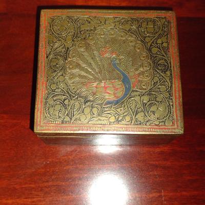 Pair of Decorative Metal Storage Boxes- Peacock and Aztec Designs