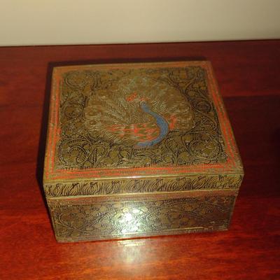 Pair of Decorative Metal Storage Boxes- Peacock and Aztec Designs