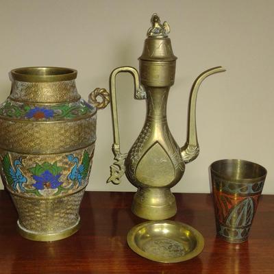 Collection of Etched Brass Decor- Vase, Wine Decanter, Cup, and Plate
