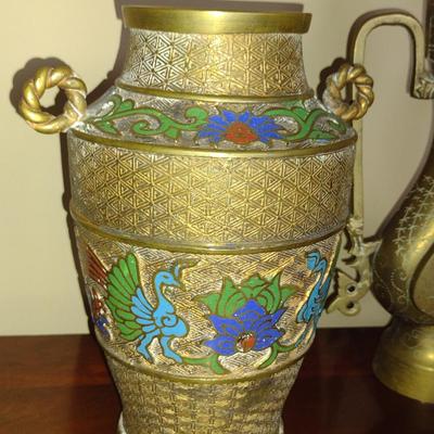 Collection of Etched Brass Decor- Vase, Wine Decanter, Cup, and Plate