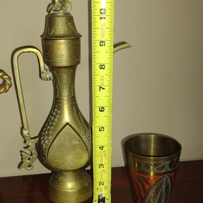 Collection of Etched Brass Decor- Vase, Wine Decanter, Cup, and Plate