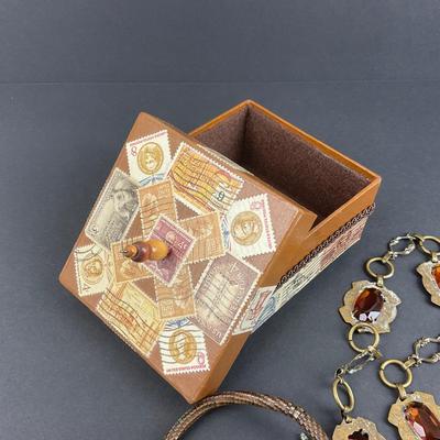-109- COSTUME JEWELRY | Art Deco Belt, Beaded Snake Bracelet, & Handmade Box