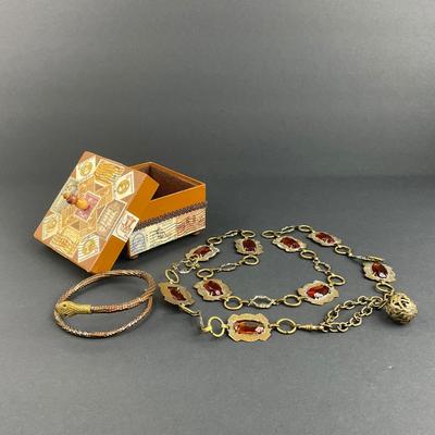 -109- COSTUME JEWELRY | Art Deco Belt, Beaded Snake Bracelet, & Handmade Box