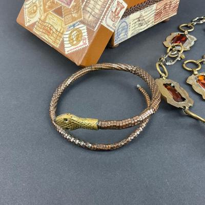 -109- COSTUME JEWELRY | Art Deco Belt, Beaded Snake Bracelet, & Handmade Box