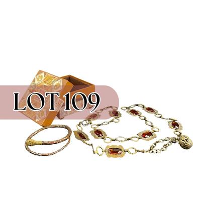 -109- COSTUME JEWELRY | Art Deco Belt, Beaded Snake Bracelet, & Handmade Box