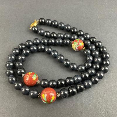 -110- JEWELRY | Cloisonné & Onyx Stone Necklace | Marked