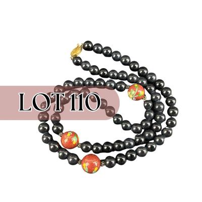 -110- JEWELRY | Cloisonné & Onyx Stone Necklace | Marked
