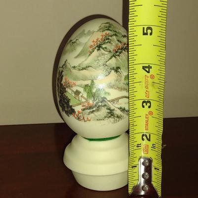 Hand Painted Asian Landscape on Porcelain Egg with Stand