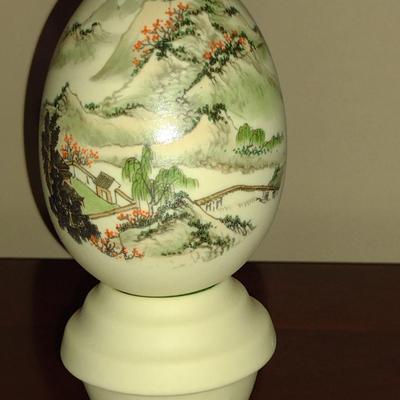Hand Painted Asian Landscape on Porcelain Egg with Stand