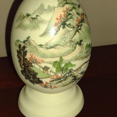 Hand Painted Asian Landscape on Porcelain Egg with Stand