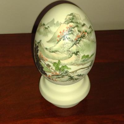 Hand Painted Asian Landscape on Porcelain Egg with Stand