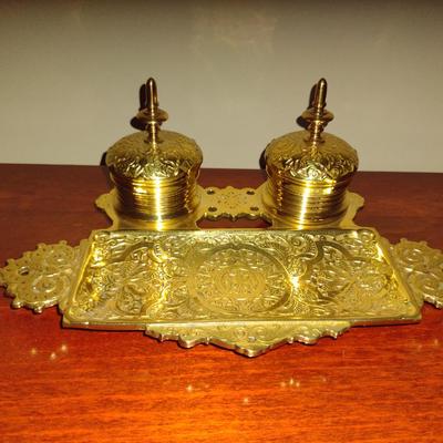 Antique Brass Double Ink Well Desk Set