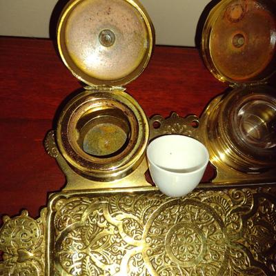 Antique Brass Double Ink Well Desk Set