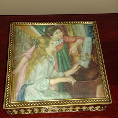 Metal Storage Box with Printed Textile Panel on Lid- Approx 5 1/4" Square x 2" Tall
