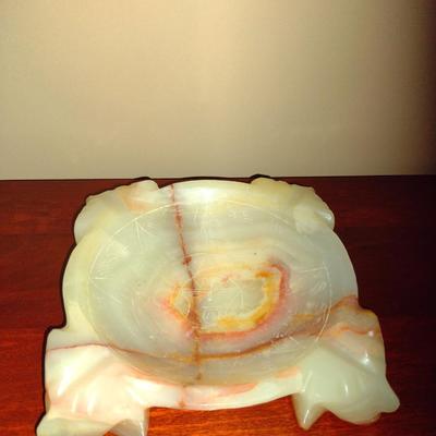 Vintage Carved Stone Ashtray- Possibly Onyx Marble- Approx 7" Square, 1 5/8" Tall