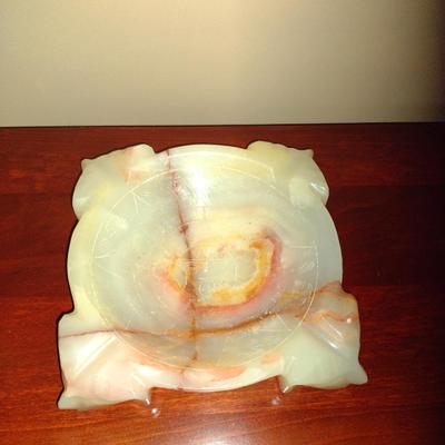 Vintage Carved Stone Ashtray- Possibly Onyx Marble- Approx 7" Square, 1 5/8" Tall