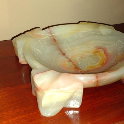 Vintage Carved Stone Ashtray- Possibly Onyx Marble- Approx 7" Square, 1 5/8" Tall