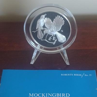 Franklin Mint Roberts Birds Sterling Silver Medal- Mockingbird- Approx Weight 66 Grams