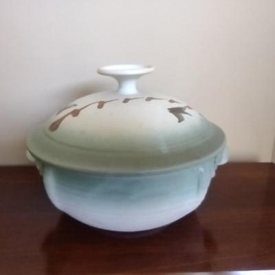 Covered Pottery Baker/Vegetable Bowl- Signed by Artist- Approx 9" in Diameter