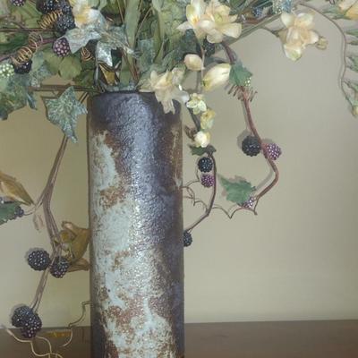 Artificial Flower Arrangement in Asian Pottery Vase- Approx 12" Tall