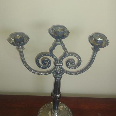 German Three Arm Metal Candelabra- Approx 15 1/2" Tall