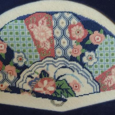 Framed Fan Design Needlepoint- Approx 16" x 11"