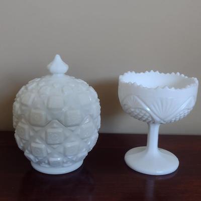 Pair of Milk Glass Candy Dishes- One is Covered