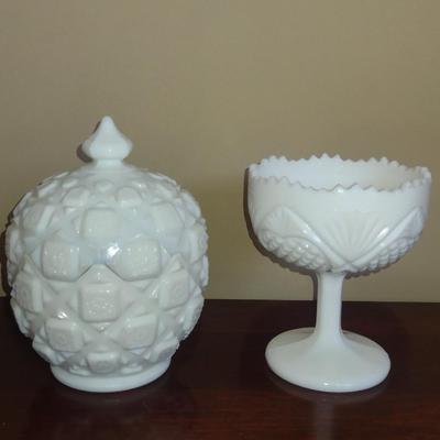 Pair of Milk Glass Candy Dishes- One is Covered