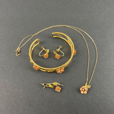 -128- JEWELRY | Krementz Rose gold Tone Bracelet, Necklace, Earrings, & Pin | Diamond