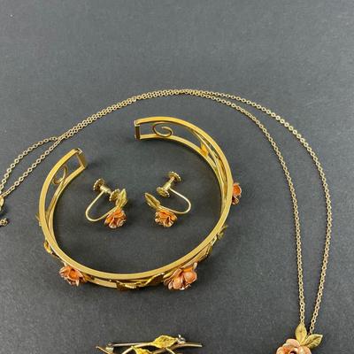 -128- JEWELRY | Krementz Rose gold Tone Bracelet, Necklace, Earrings, & Pin | Diamond