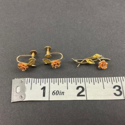 -128- JEWELRY | Krementz Rose gold Tone Bracelet, Necklace, Earrings, & Pin | Diamond