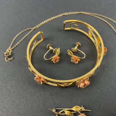 -128- JEWELRY | Krementz Rose gold Tone Bracelet, Necklace, Earrings, & Pin | Diamond
