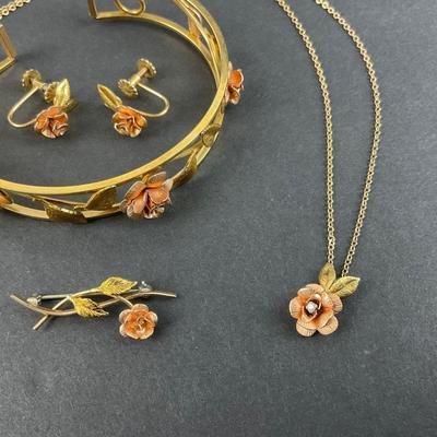 -128- JEWELRY | Krementz Rose gold Tone Bracelet, Necklace, Earrings, & Pin | Diamond