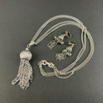 -129- JEWELRY | One Monet Marked Silver Tone Necklace & One Silver Tone Clip Earrings