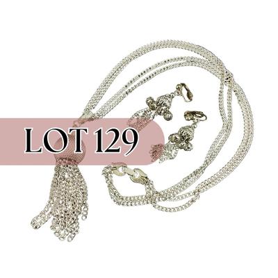 -129- JEWELRY | One Monet Marked Silver Tone Necklace & One Silver Tone Clip Earrings