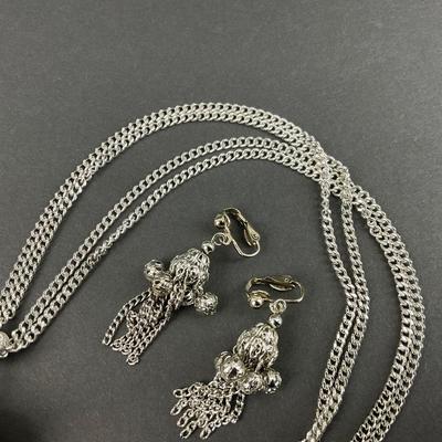 -129- JEWELRY | One Monet Marked Silver Tone Necklace & One Silver Tone Clip Earrings