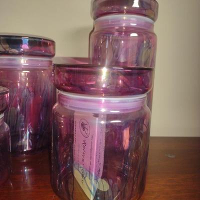 Nouveau Art Glass Co. Rueven Glass Hand Painted Graduated Canister Set- Four Piece